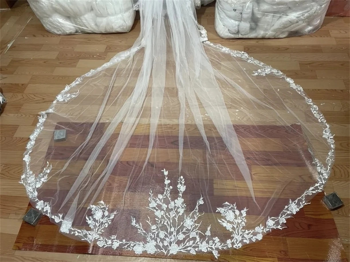 Long Bridal Cathedral Wedding Veil Lace Floral Appliqued Edge