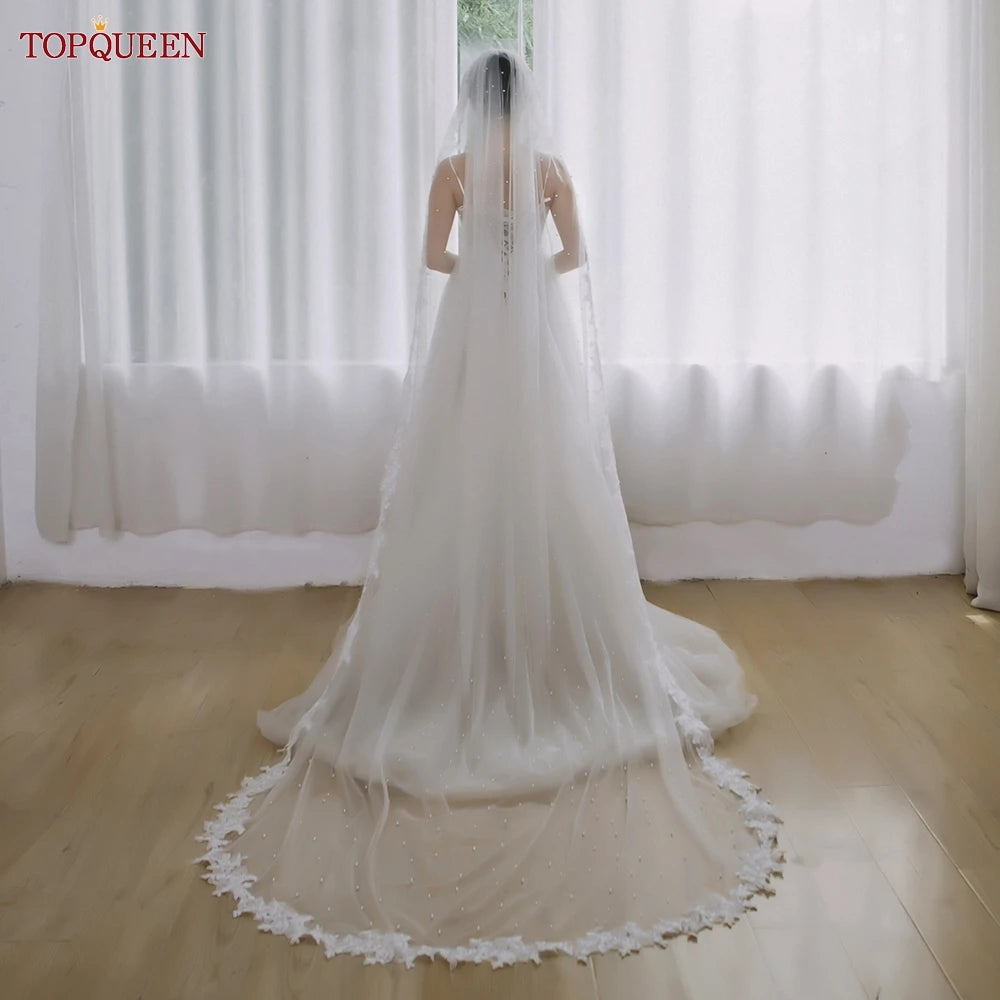 TOPQUEEN V82 Wedding Veil Beading Pearls Cathedral Length Lace