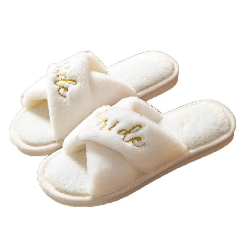 Bride Open Toe Slippers Women's Soft Fuzzy Slippers