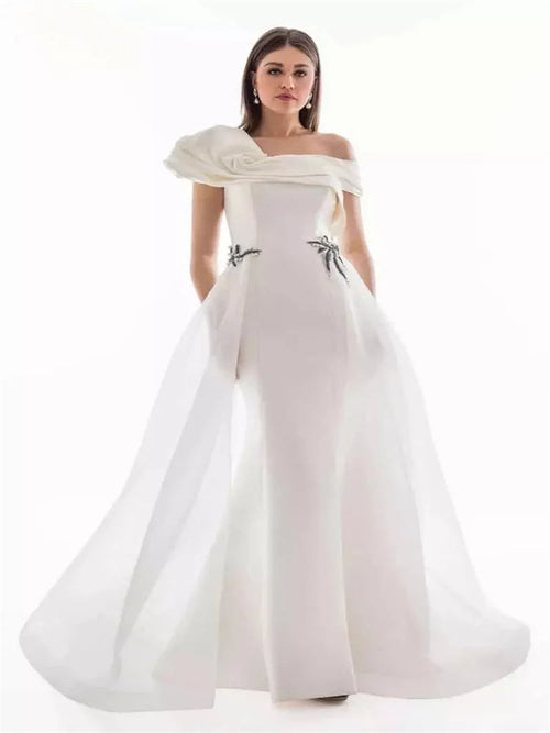 New Arrival Asymmetrical Pleated Off-Shoulder Neck Satin Tulle With