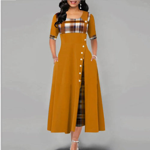 Women's Fashion Half Sleeve Plaid Print Button Detail Maxi Dress