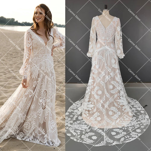 Long Puffy Sleeves Allover Lace Boho Elopement Bridal Gowns Custom