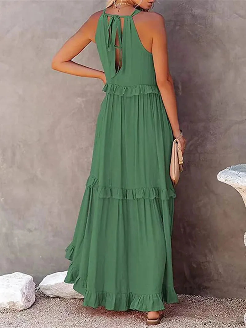 Summer Loose Long Dress Women Casual Elegant Ruffle Halter Sleeveless