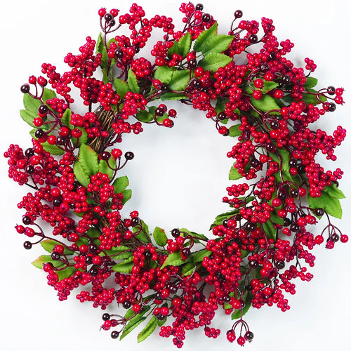 Yannew Christmas Red Berry Wreath for Front Door Outside Xmas Handmade