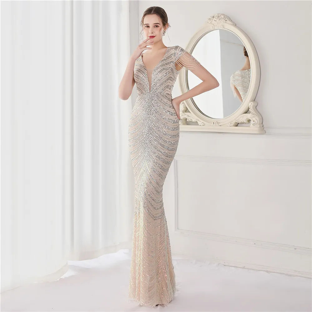 DEERVEADO Elegant V Neck Mermaid Evening Dress Long Luxury Beads Women