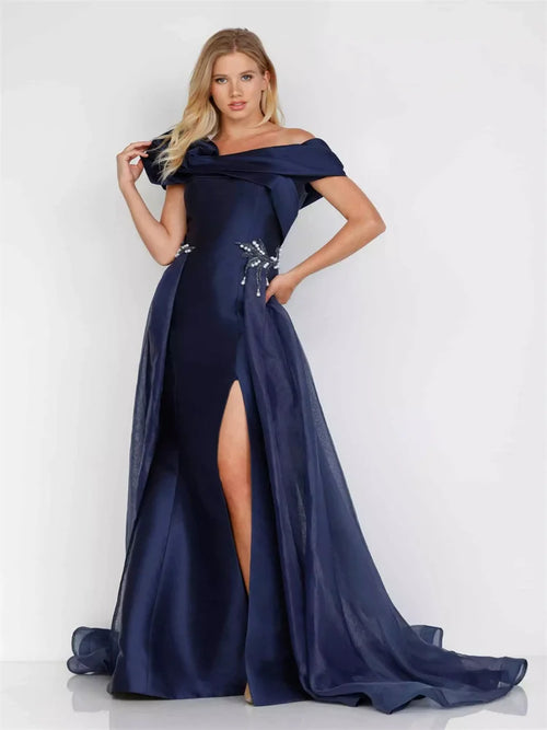 New Arrival Asymmetrical Pleated Off-Shoulder Neck Satin Tulle With