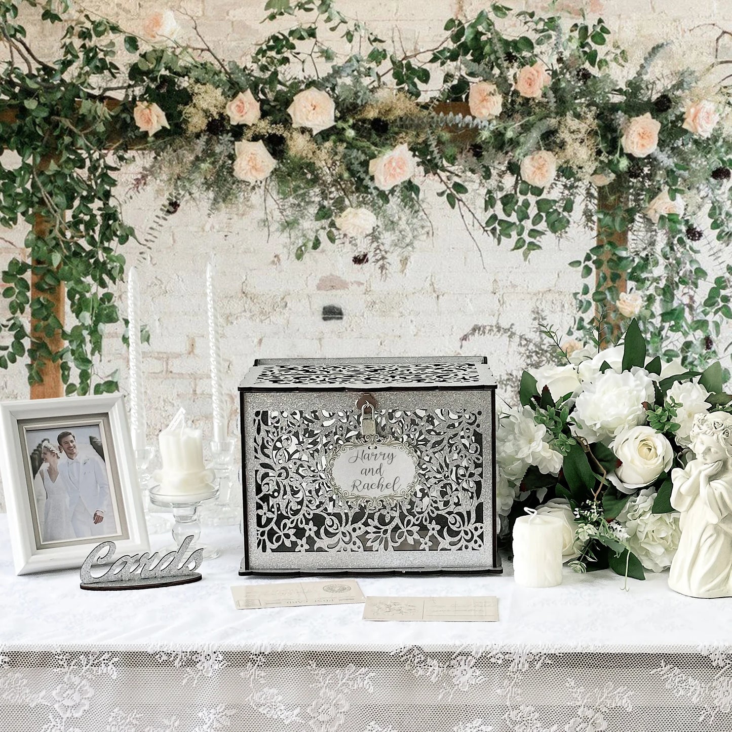 OurWarm Silver Wedding Card Box with Lock Wooden Gift Card Box