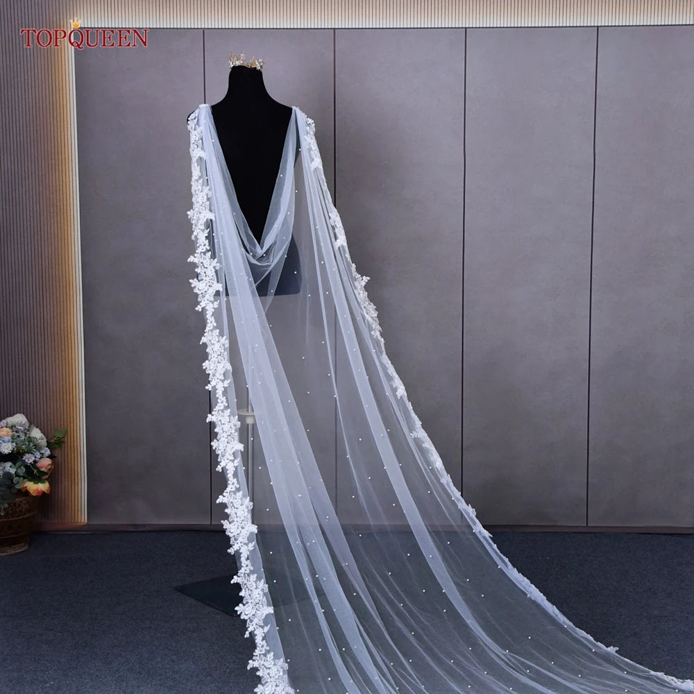 TOPQUEEN G59 Wedding Shawls Lace Jackets for Wedding Dresses with Pearls Cape Veil Wrap for Wedding Dress