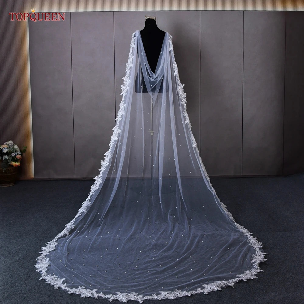 TOPQUEEN G59 Wedding Shawls Lace Jackets for Wedding Dresses with Pearls Cape Veil Wrap for Wedding Dress