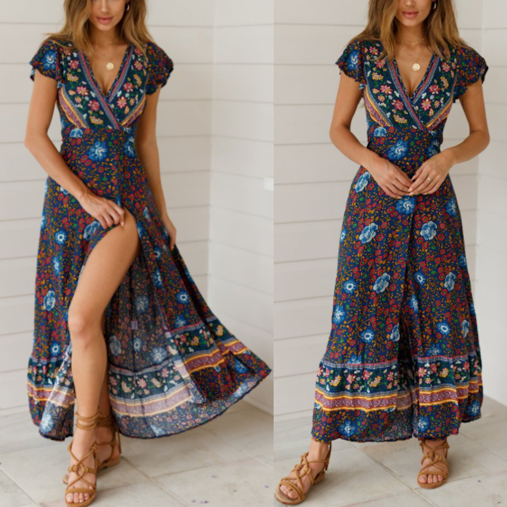 Women's Wrap Style V Neck Floral Maxi Summer Dress