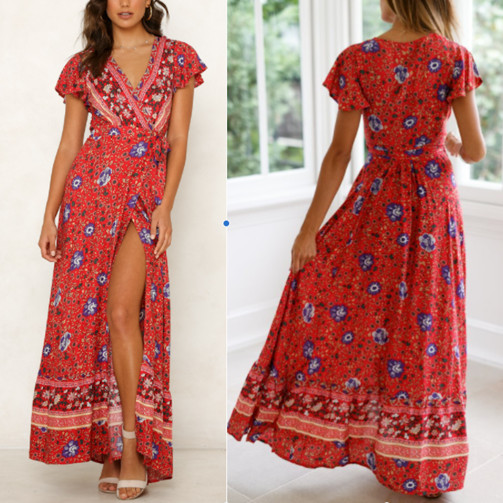 Women's Wrap Style V Neck Floral Maxi Summer Dress