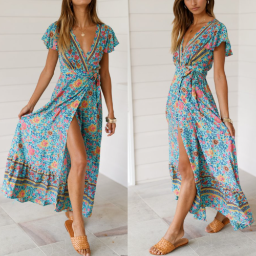 Women's Wrap Style V Neck Floral Maxi Summer Dress