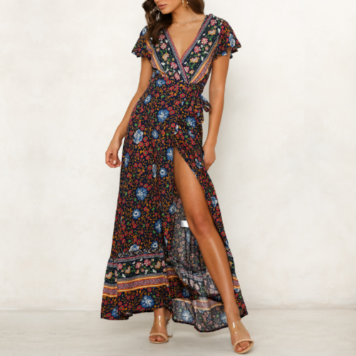 Women's Wrap Style V Neck Floral Maxi Summer Dress