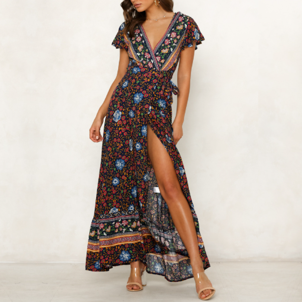 Women's Wrap Style V Neck Floral Maxi Summer Dress