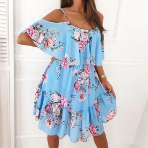 Womens Cold Shoulder Ruffle Chiffon Beach Dress