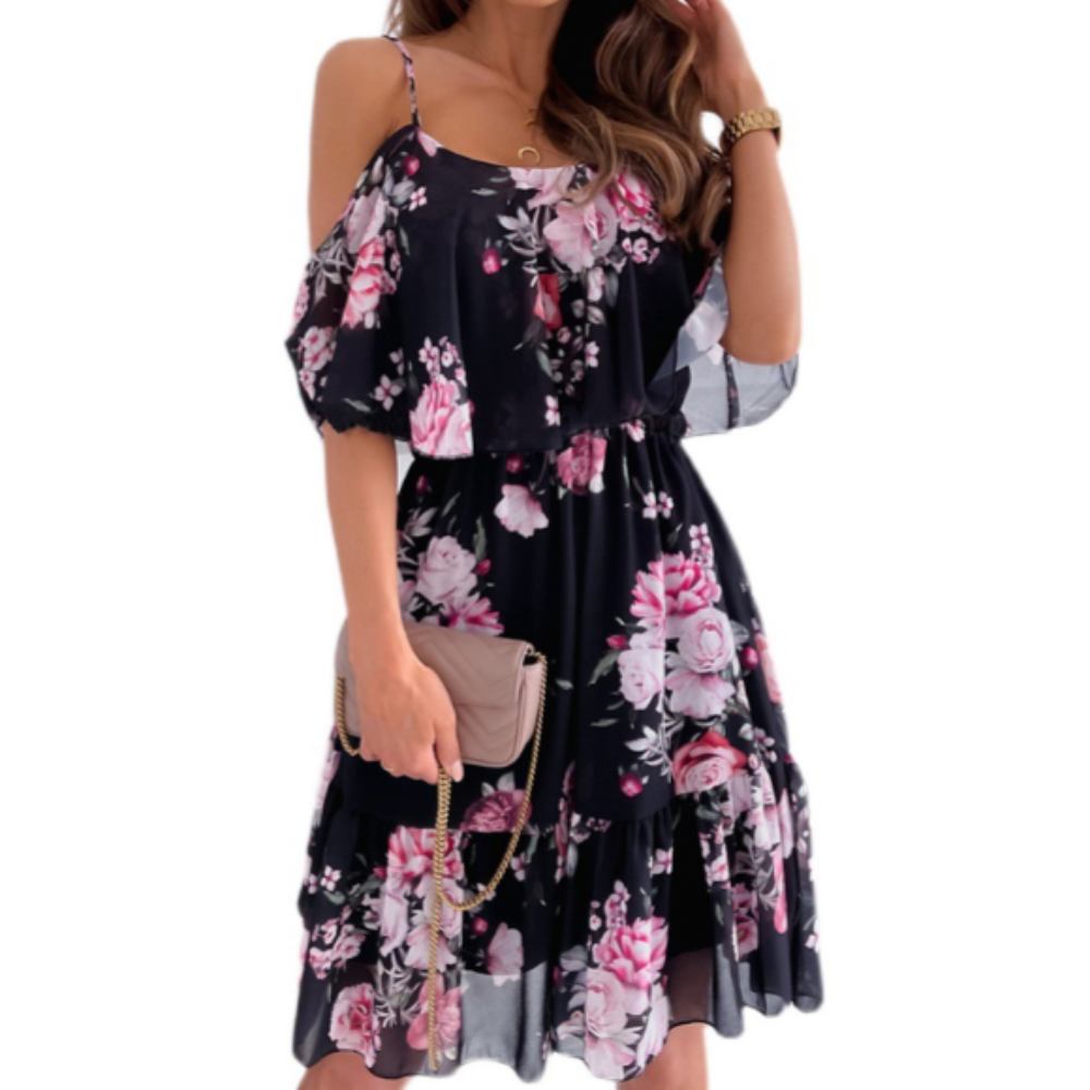 Womens Cold Shoulder Ruffle Chiffon Beach Dress