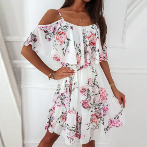 Womens Cold Shoulder Ruffle Chiffon Beach Dress