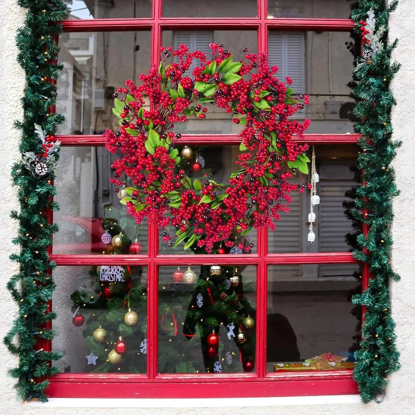 Yannew Christmas Red Berry Wreath for Front Door Outside Xmas Handmade