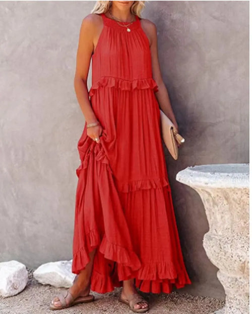 Summer Loose Long Dress Women Casual Elegant Ruffle Halter Sleeveless