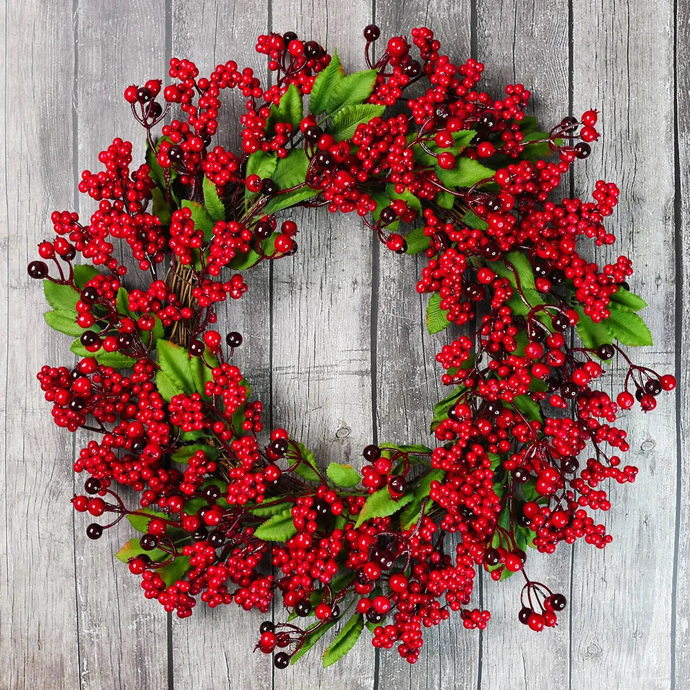 Yannew Christmas Red Berry Wreath for Front Door Outside Xmas Handmade