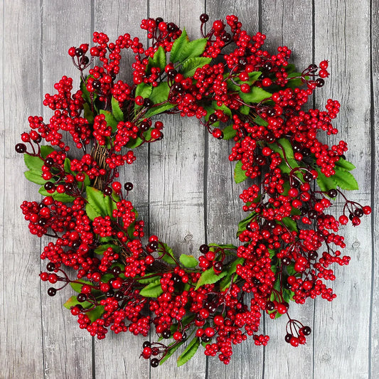 Yannew Christmas Red Berry Wreath for Front Door Outside Xmas Handmade