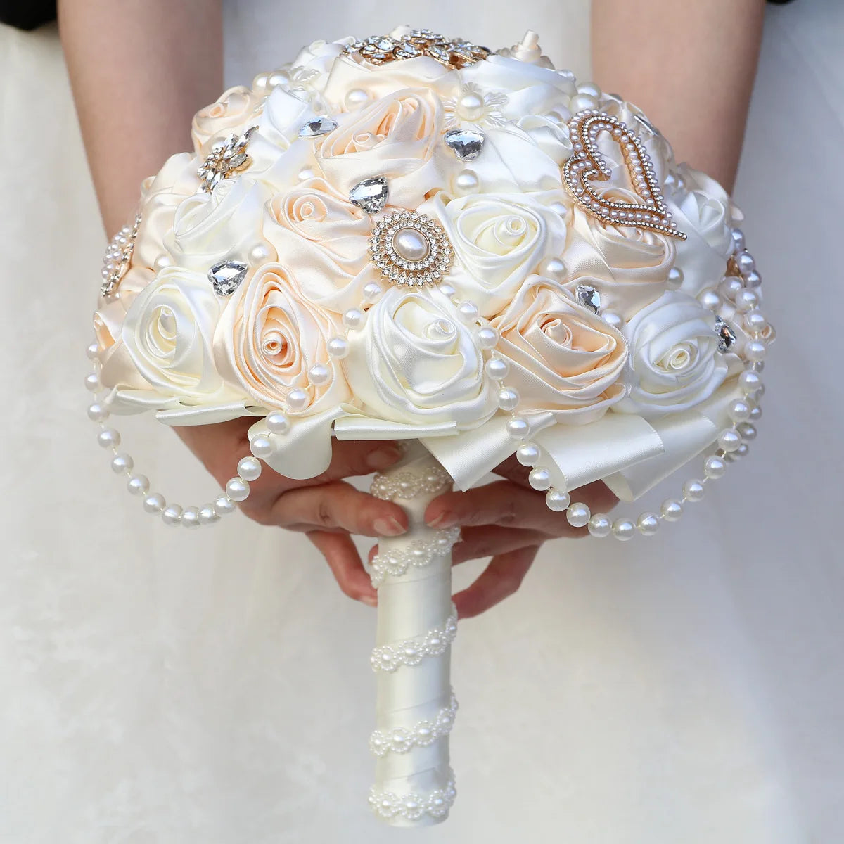 Yannew Handmade Satin Rose Flower Wedding Bouquets for Brides