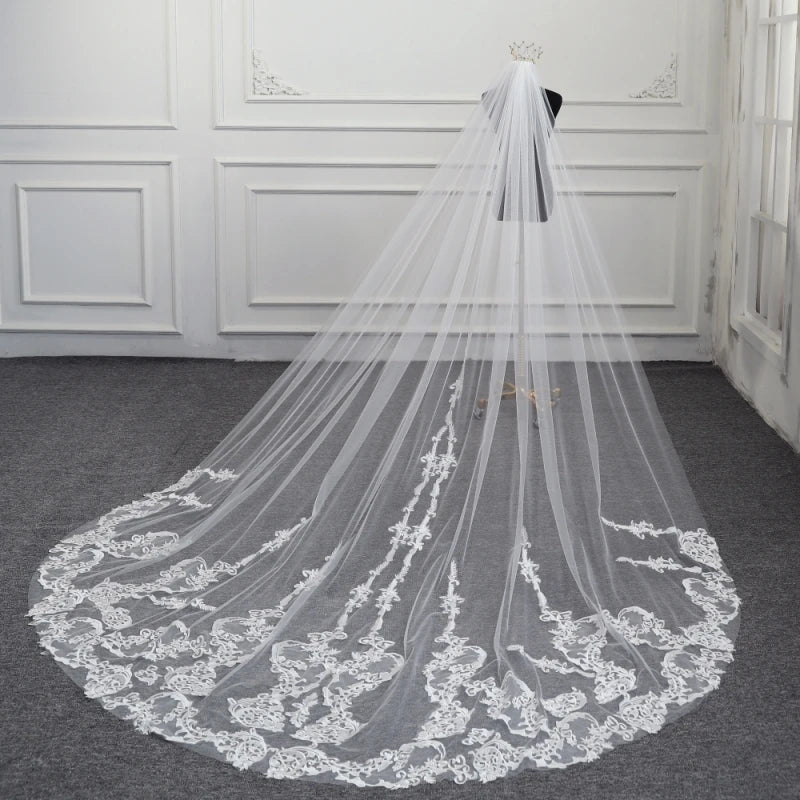 Cathedral Length Wedding Veil 1 Tier Long Lace Veil Floral Motif