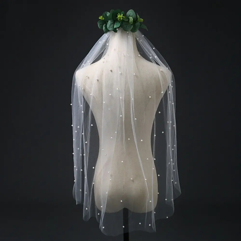 Pearls Wedding Veils with Comb 100% Handmade Beaded Wedding