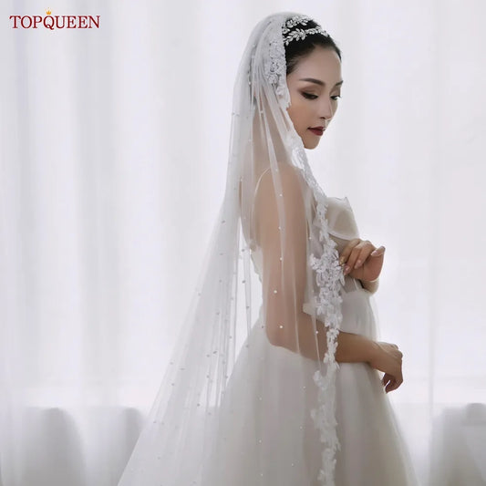 TOPQUEEN V82 Wedding Veil Beading Pearls Cathedral Length Lace