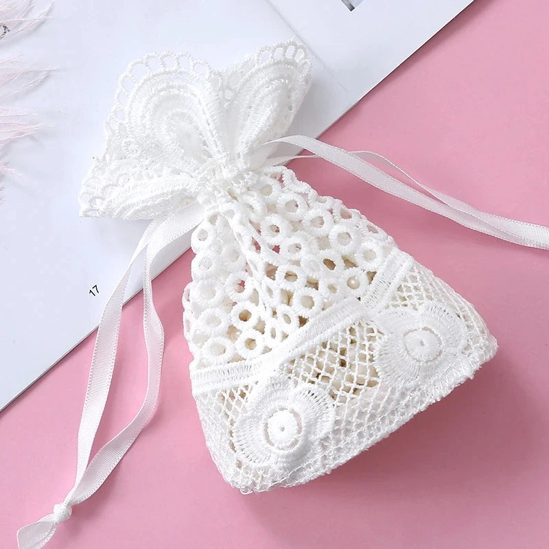 10 pcs Round Hole Lace Favor Bag Jewelry Storage Bag Milk Yarn