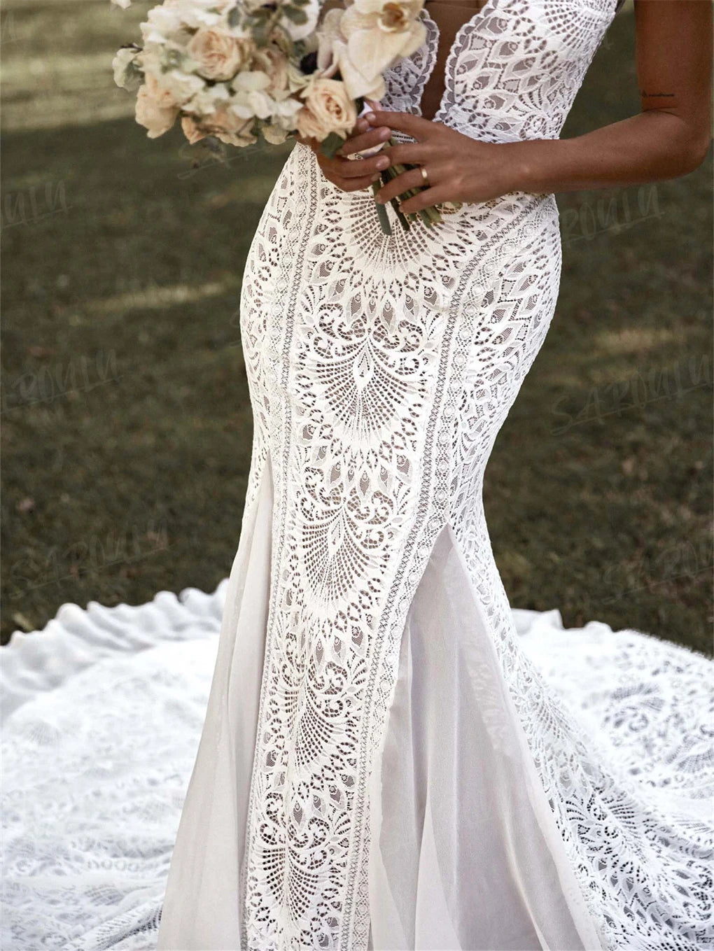 Popular Bohemian Long Wedding Dress Deep V Neck Lace Bride Dresses