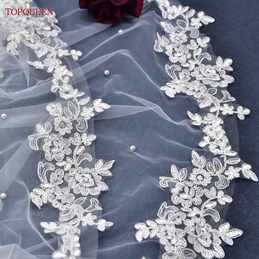 TOPQUEEN V82 Wedding Veil Beading Pearls Cathedral Length Lace