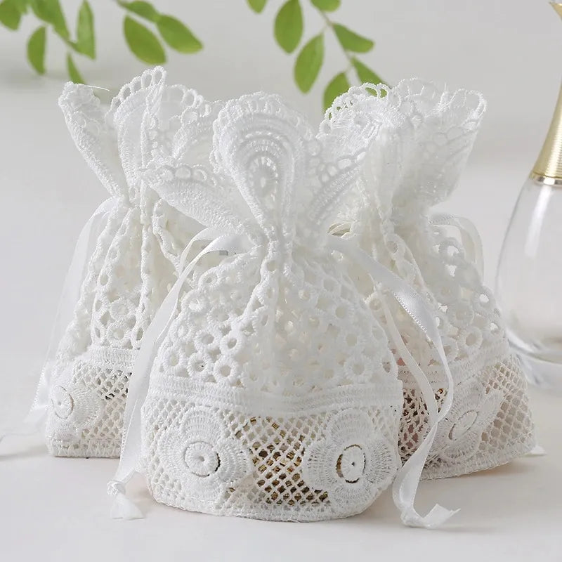 10 pcs Round Hole Lace Favor Bag Jewelry Storage Bag Milk Yarn