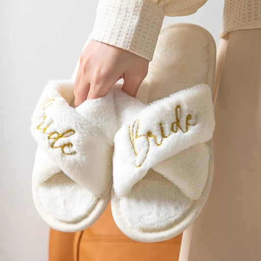 Bride Open Toe Slippers Women's Soft Fuzzy Slippers