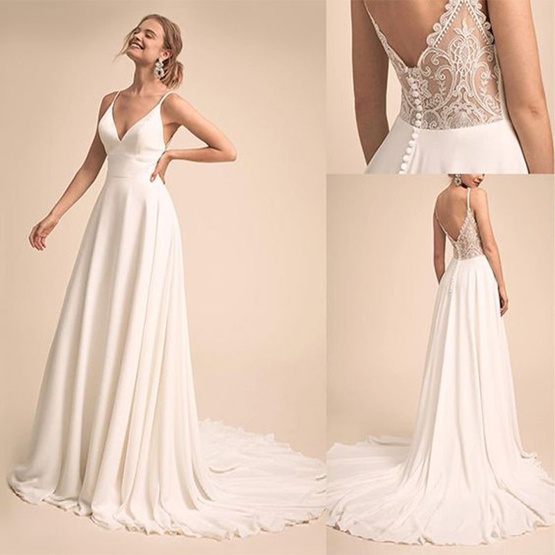 Simple & Charming V neck Neckline Wedding Dress With Lace Back Bridal