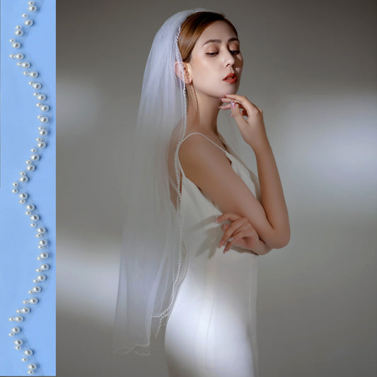 TOPQUEEN V35 Bridal Veil with Pearl Edge Short with Comb