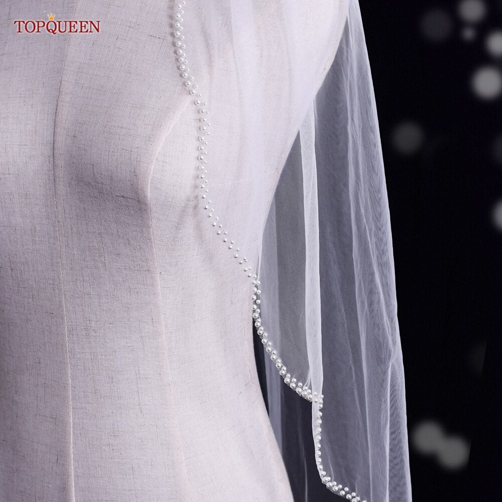 TOPQUEEN V35 Bridal Veil with Pearl Edge Short with Comb