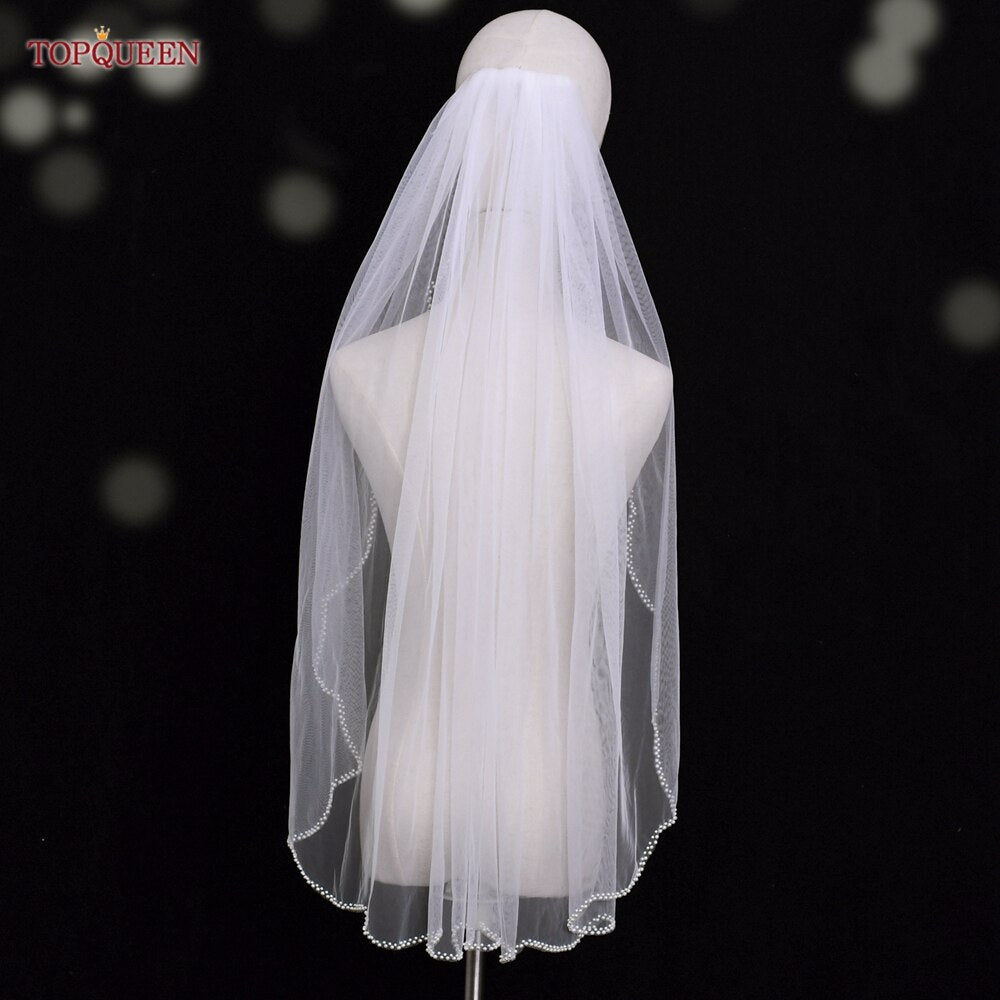 TOPQUEEN V35 Bridal Veil with Pearl Edge Short with Comb