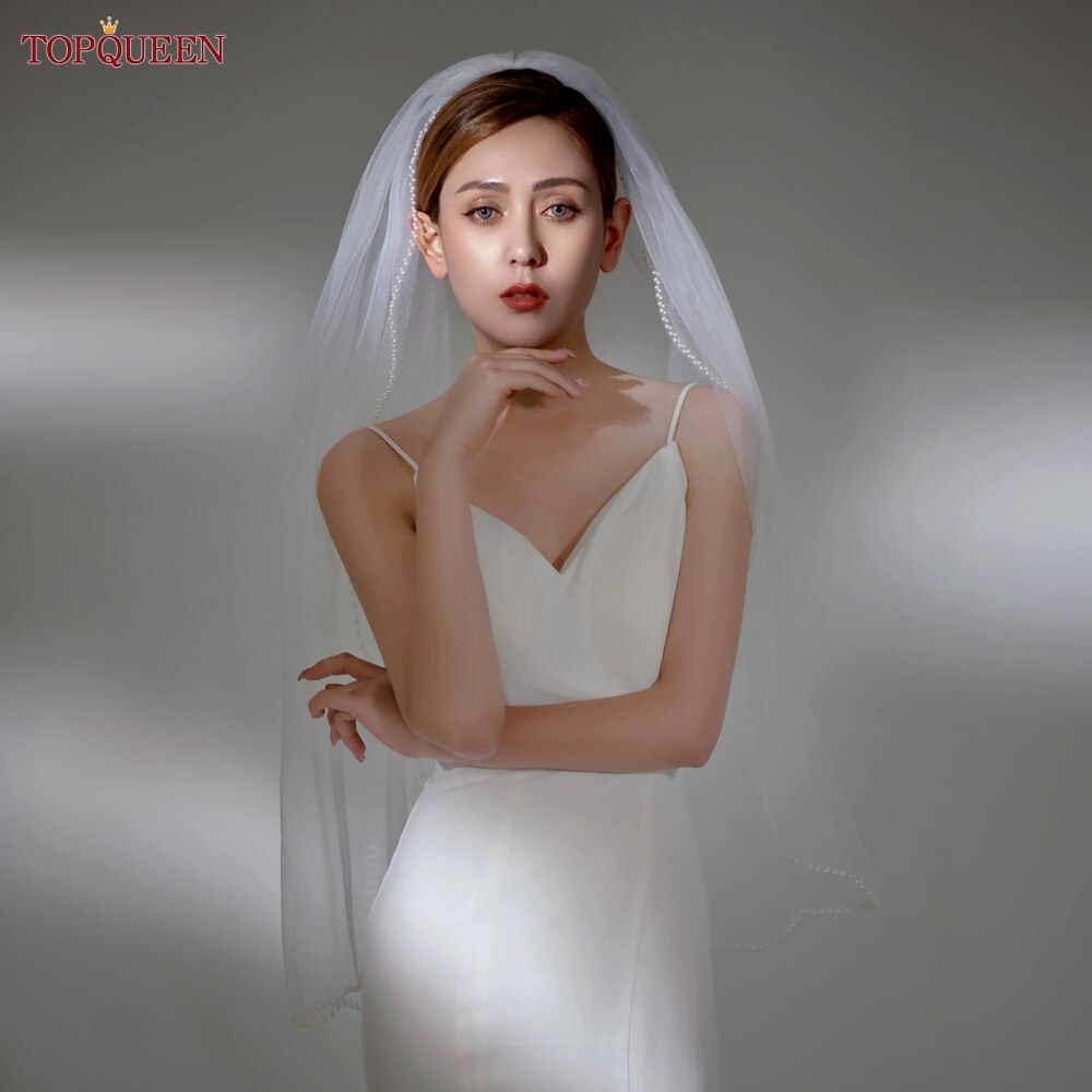 TOPQUEEN V35 Bridal Veil with Pearl Edge Short with Comb