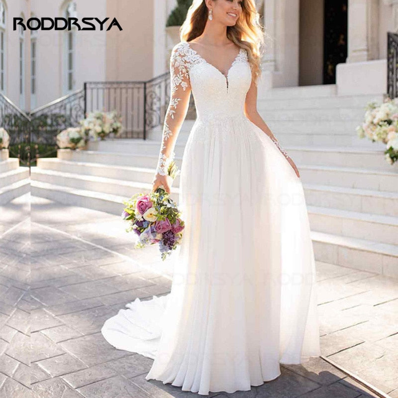 V Neck Long Sleeves Chiffon Beach Wedding Dresses Open Back White Lace