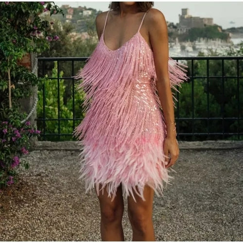 Vssjavun Sequins Tassel Feather Spaghetti Strap Dress Women Fashion