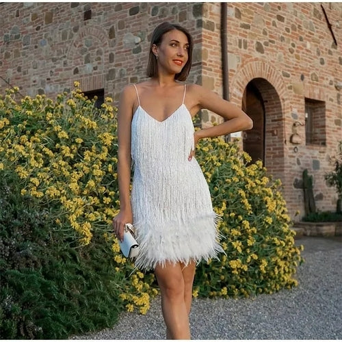 Vssjavun Sequins Tassel Feather Spaghetti Strap Dress Women Fashion