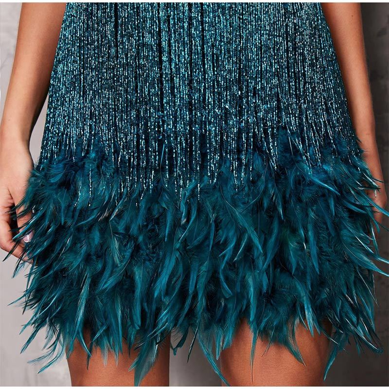 Vssjavun Sequins Tassel Feather Spaghetti Strap Dress Women Fashion