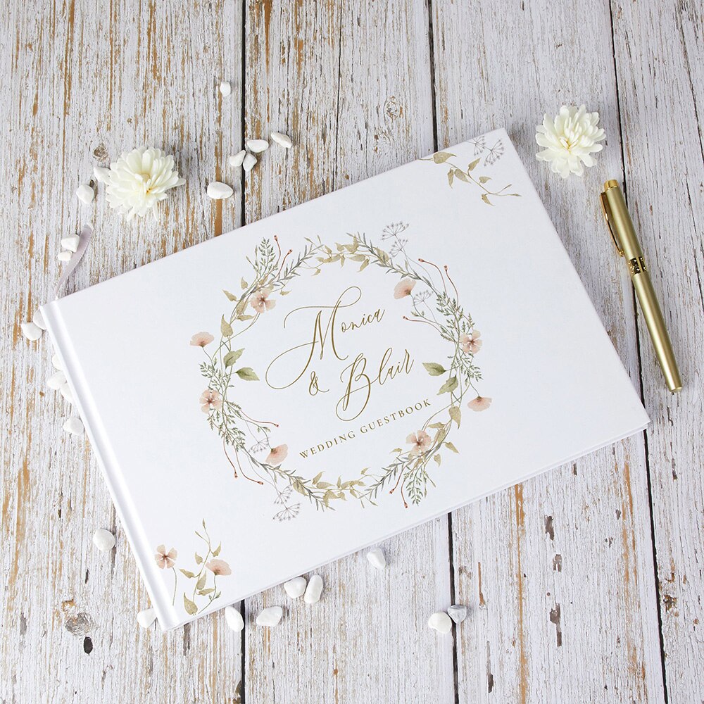 White Wedding Personalized Guest Book Flowers | Signature Book