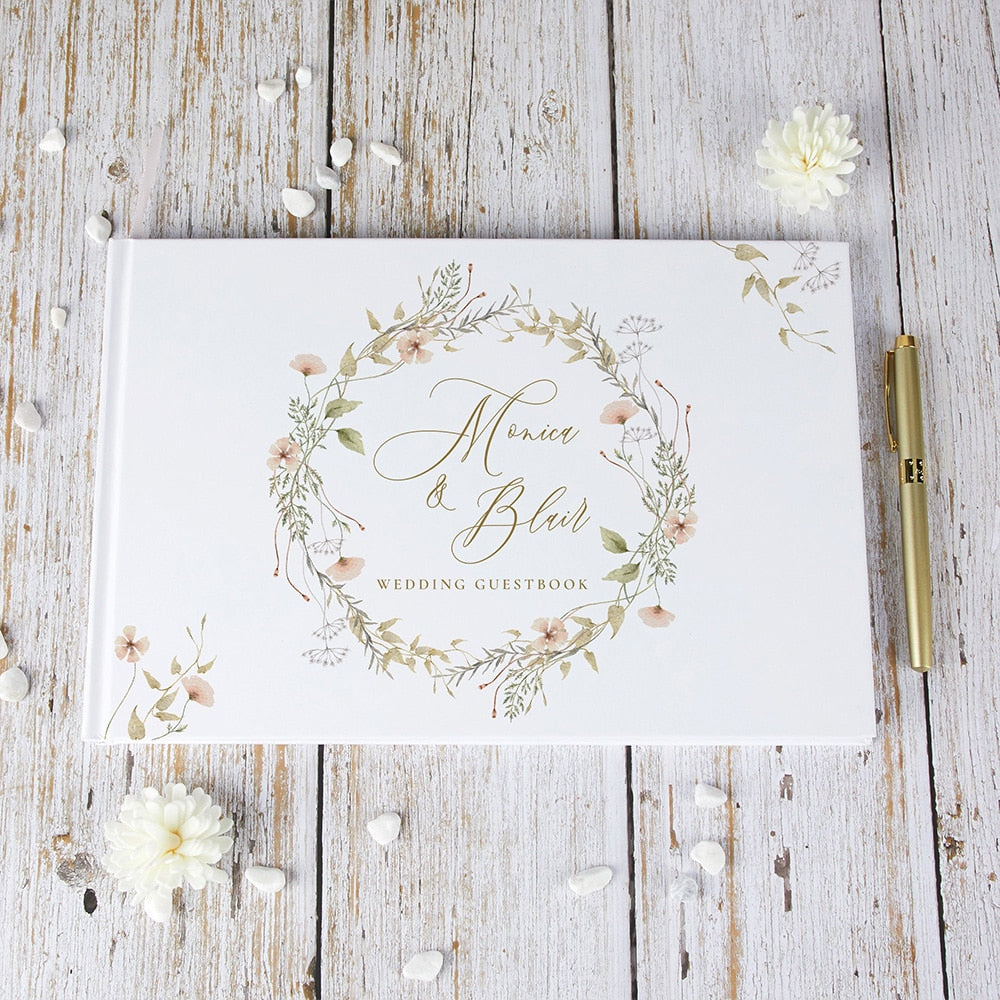 White Wedding Personalized Guest Book Flowers | Signature Book