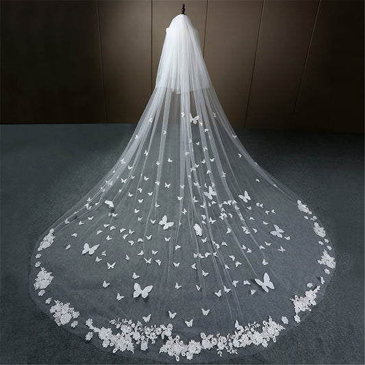 Wedding Veil Long Lace Edge 3d Butterfly Floral Appliques Face-covered