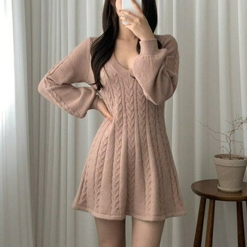 Woman's Solid Mini Dress A-Line Flared Long Sleeves Knitted Dress