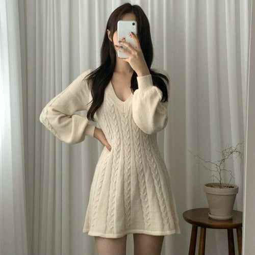 Woman's Solid Mini Dress A-Line Flared Long Sleeves Knitted Dress