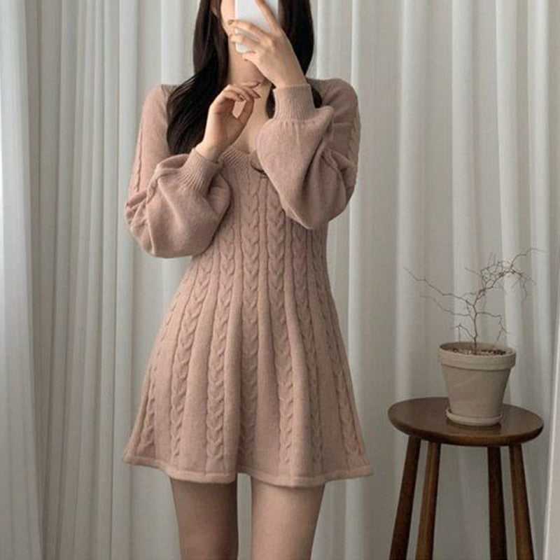 Woman's Solid Mini Dress A-Line Flared Long Sleeves Knitted Dress