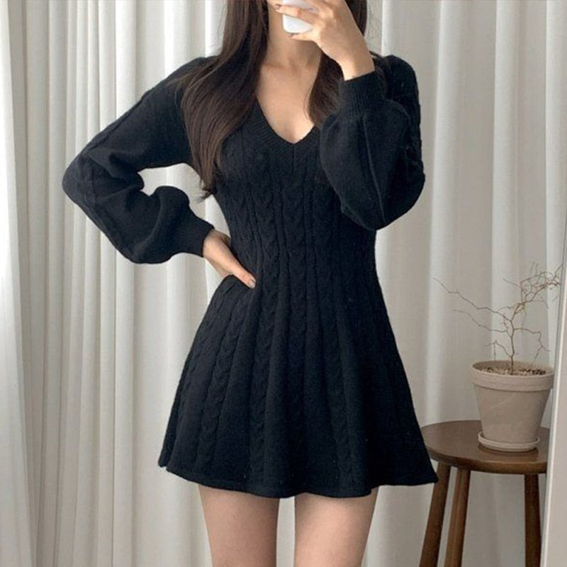 Woman's Solid Mini Dress A-Line Flared Long Sleeves Knitted Dress